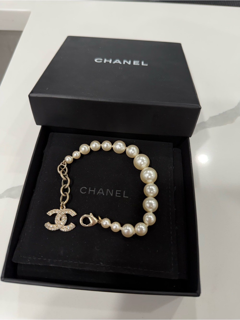 CHANEL Gold-Tone & Pearl CC Charm Bracelet